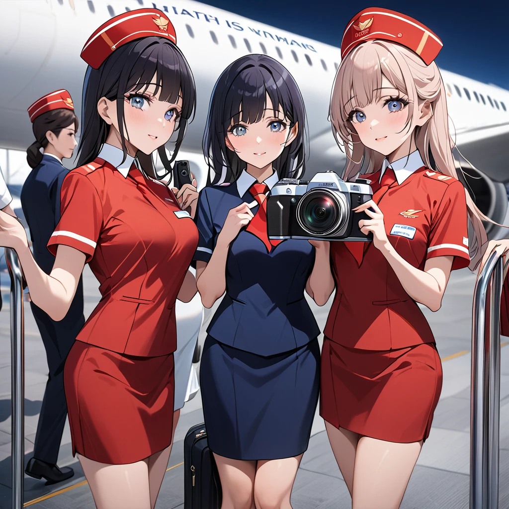 ((Highest quality)), ((masterpiece)), (detailed), （Perfect Face）、The woman is Reika Aoki with semi-long hair、The woman is a flight attendant for a Chinese airline.、Flight attendants in red uniforms taking photos for a promotional poster