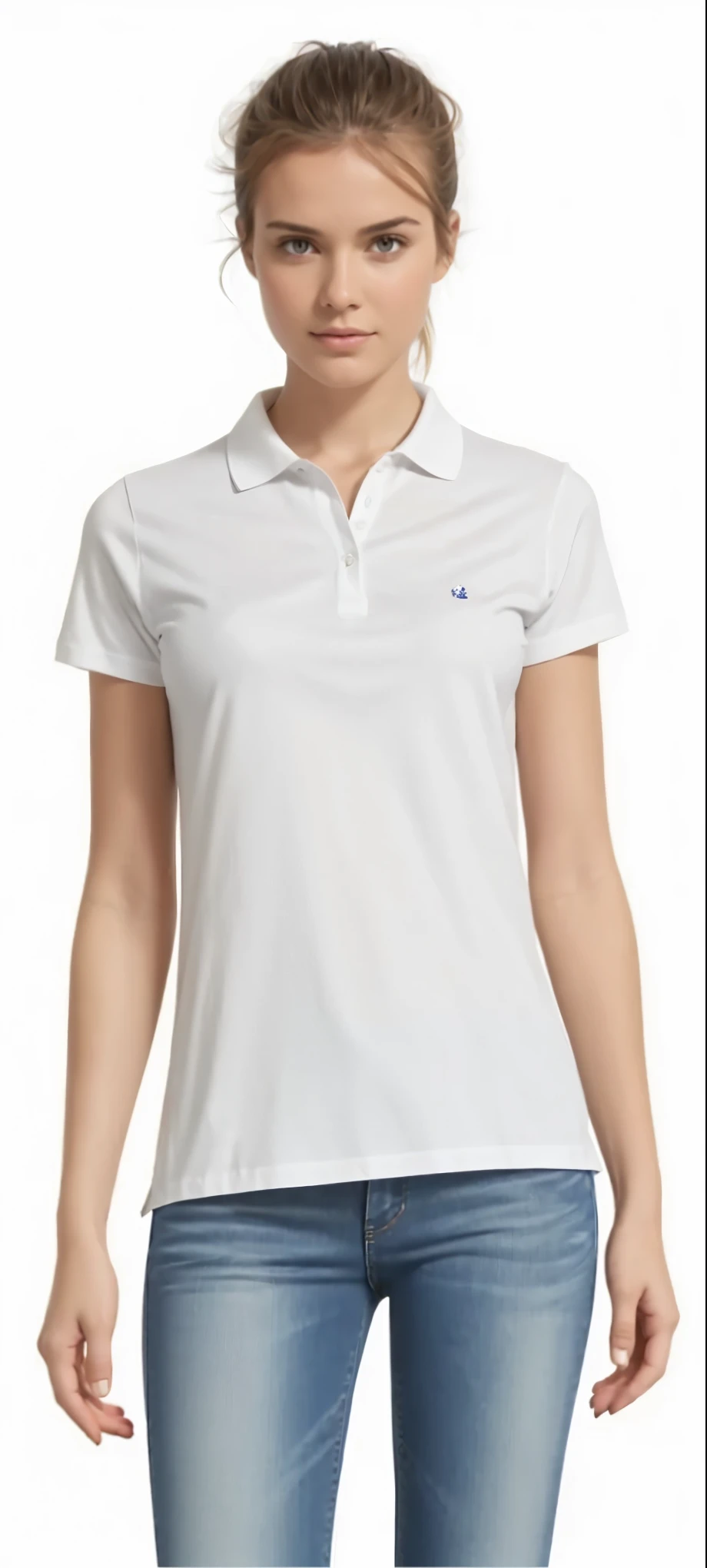 a woman whith horas tail in a white shirt and jeans posing for a picture, wearing polo shirt, plain white tshirt, collared shirt, white uniform, white tshirt, wearing white shirt, wearing a white shirt, casual white garment, short sleeves, academic clothing, white shirts, white clothing, white shirt, fine white shirt, white t-shirt, white t - shirt, school uniform