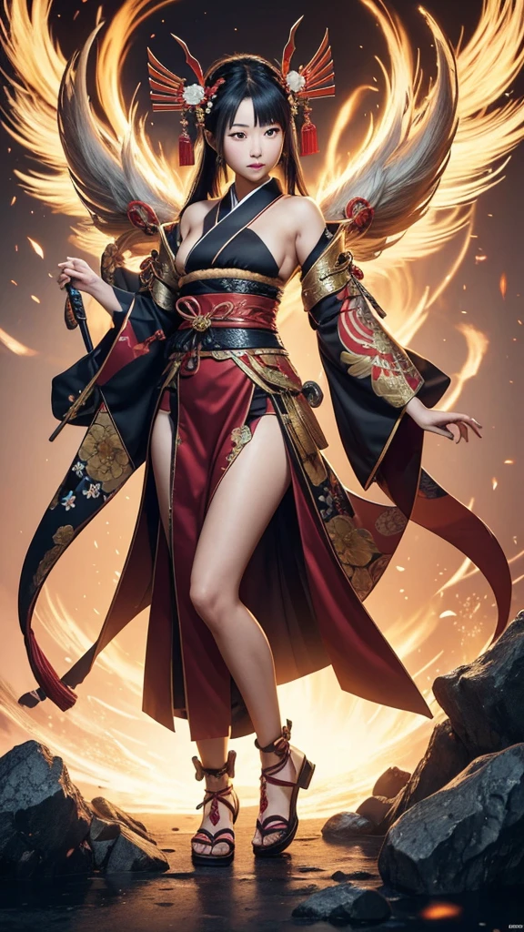 I would like a Japanese woman to create an image of a Japanese god on her back. I want you to pay attention to detail. I'm a professional graphic designer. High quality CG. Full body