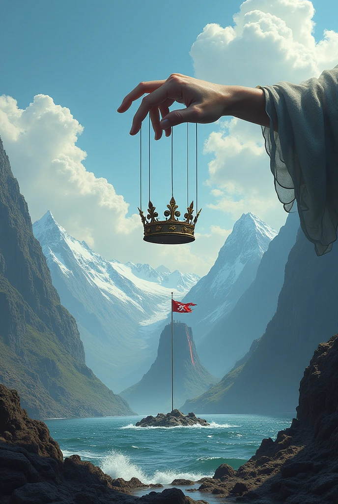 A front hand holding a crown by puppet strings, at the bottom by the top, As background montanhas congeladas, Na parte inferior, As background, an island with a volcano seen from above, and somewhere, very subtly a pirate flag is supposed to be the cover of my medieval fantasy book