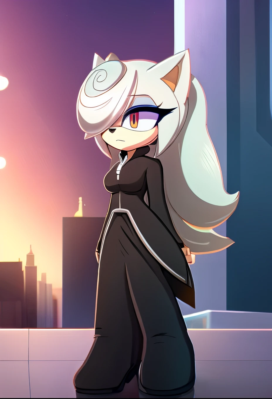 sageai, female, Female Kitsune, ((Sage as a Mobian Kitsune)), white fur, fox ears, ((long hair)), ((lower back length hair)), white hair, multicolored hair, (hair over one eye), red eyes, (fox-like tails), ((black dress)), (full skirt black dress), ((white zipper-like stripe down center of dress)), standing, blank expression, emotionless, ((lab background)), medium breasts, (long sleeves), eggmaam styled black dress, eggmaam cosplay, eggmaam uniform, black pants with boots attached, Eggmaam styled boots, daytime, (mobian), Mobius city, solo, 1girl, score_9, score_8_up, score_7_up, ((Masterpiece)), high quality, studio quality,
