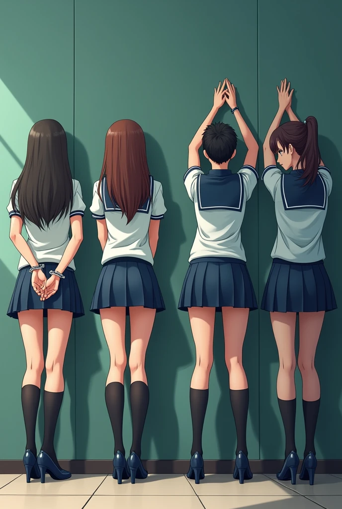 Police raid girls&#39; school, four schoolgirls stand in a row against the wall facing the wall, two in handcuffs behind their backs, the other two hold their hands on the wall above their heads, dressed in a school uniform of a tight blouse, short skirt and high heels, anime