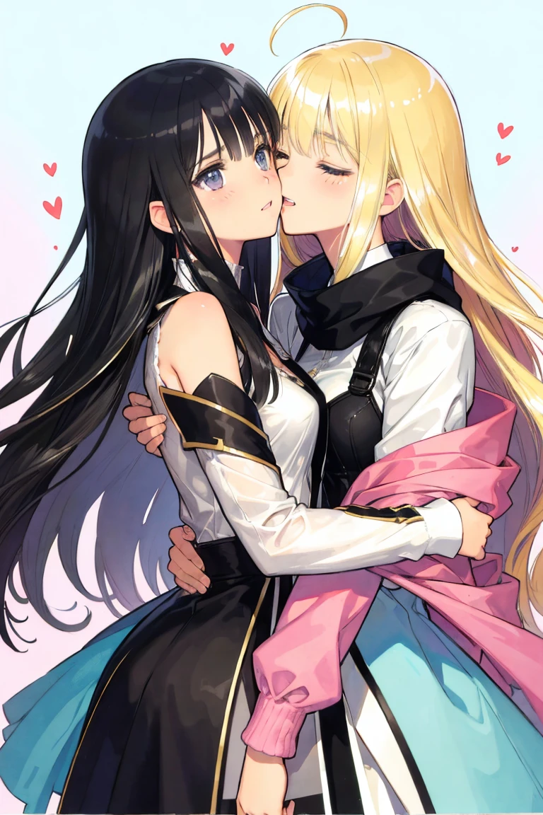 shy, kiss, kissing, lovers, hug, couple, man and woman, love, mature, a cat woman, she has freckles, she has dark brown eyes and an upturned nose, she is happy and smiling, she has long wavy hair, black hair, she is wearing aviator sunglasses with clear lenses in a soft watercolor style. The girl's clothes must be pink, purple, and blue in celebration of the bisexual, with stains of ink and watercolor mixing and filling the scene. he has blonde hair, he is handsome, he is slim. There should be a subtle, nuanced change in colors using the impasto technique with gouache paint. There should be a light rain in the watercolor painting with a little watercolor paper texture and a pastel background.