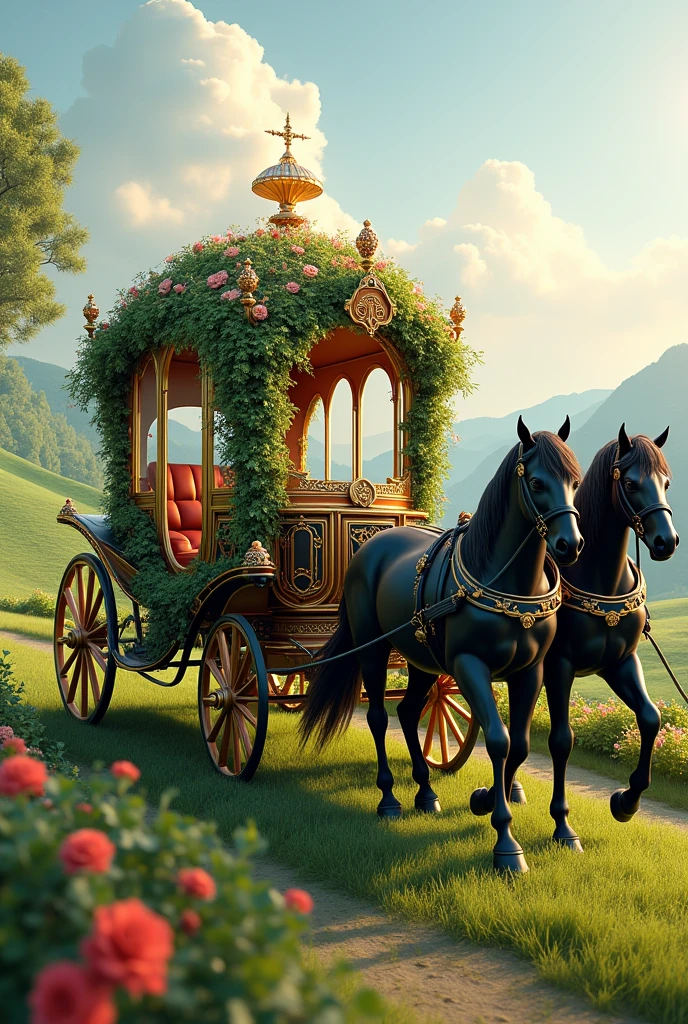 (photorealism:1.2), Nature-inspired carriage filled with green vines and beautiful flowers around it, plus diamonds on top driven by black horses 
