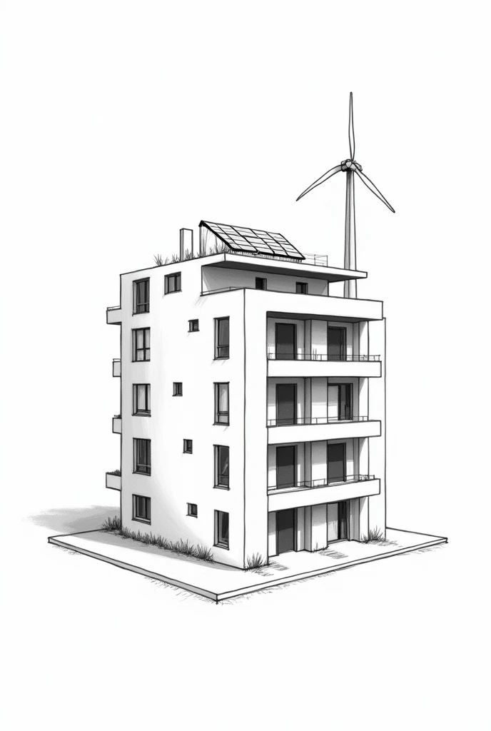 sketch a simple design of apartment house with many doors and with solar panel and windmill black and white lines