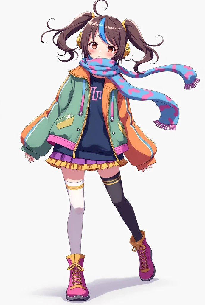 Create an anime style girl with a dark blue sweatshirt under a light green jacket with orange and pink sleeves, short purple and yellow skirt, with a blue and red scarf,with long black and white stockings, with a pastel red boot and a dark purple lady shoe, with hair in long pigtails half blue and half brown
