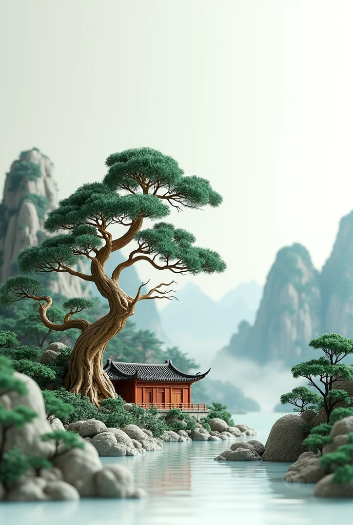 Antique Chinese style decoration, On stone, There is a welcome pine, Mountains, water, old Chinese building, Grass, smokes, Micro landscape style, Chinese artistic conception, The subject is surrounded by a clean white background, photography, Movie Lighting, Soft Light, Realistic light and shadow restoration, Studio shot, Hasselblad shot, 50mm lens side view, high pitch, High contrast, Central Composition, HD, 3D Art, Ultra HD