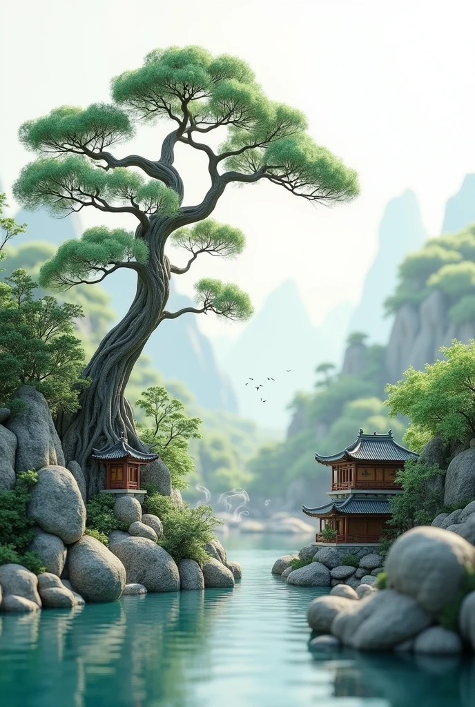 Antique Chinese style decoration, On stone, There is a welcome pine, Mountains, water, old Chinese building, Grass, smokes, Micro landscape style, Chinese artistic conception, The subject is surrounded by a clean white background, photography, Movie Lighting, Soft Light, Realistic light and shadow restoration, Studio shot, Hasselblad shot, 50mm lens side view, high pitch, High contrast, Central Composition, HD, 3D Art, Ultra HD