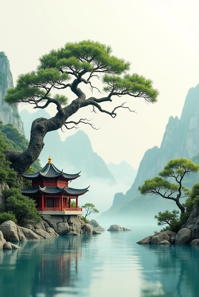 Antique Chinese style decoration, On stone, There is a welcome pine, Mountains, water, old Chinese building, Grass, smokes, Micro landscape style, Chinese artistic conception, The subject is surrounded by a clean white background, photography, Movie Lighting, Soft Light, Realistic light and shadow restoration, Studio shot, Hasselblad shot, 50mm lens side view, high pitch, High contrast, Central Composition, HD, 3D Art, Ultra HD