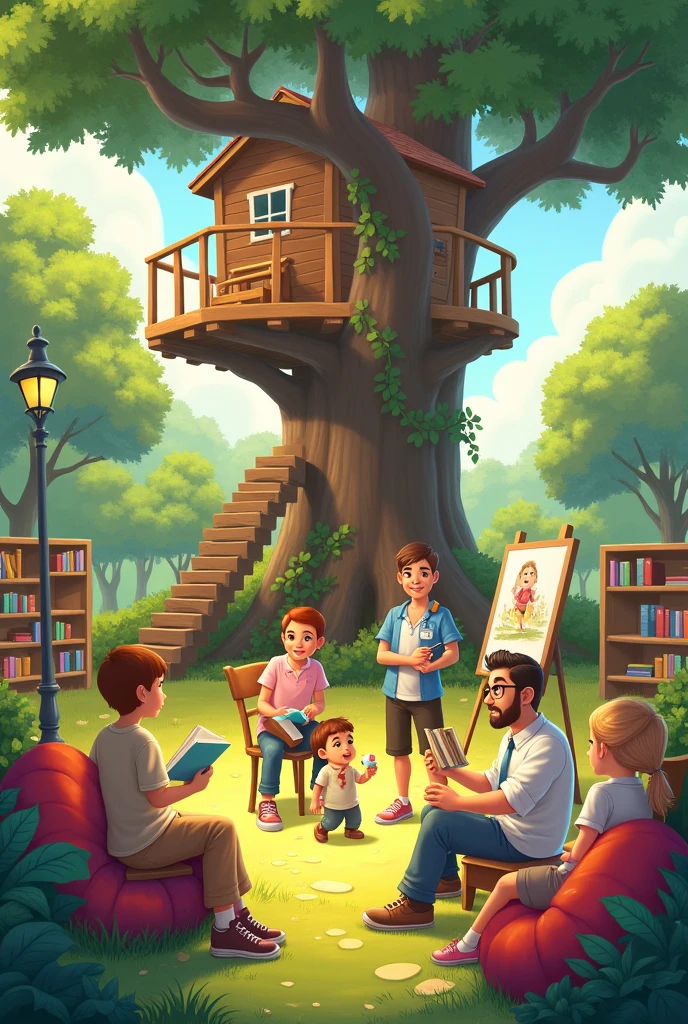 A vibrant outdoor scene features a father standing next to a large treehouse he has just built. Nearby, an artist is sitting at an easel, drawing a picture for a small child who is watching closely. In another part of the scene, a nurse is gently giving medicine to a patient who is sitting in a chair. In the background, a librarian is offering books to a group of children who are sitting in a cozy reading corner filled with cushions and bookshelves. The setting is warm and sunny, with lush greenery and a peaceful atmosphere.