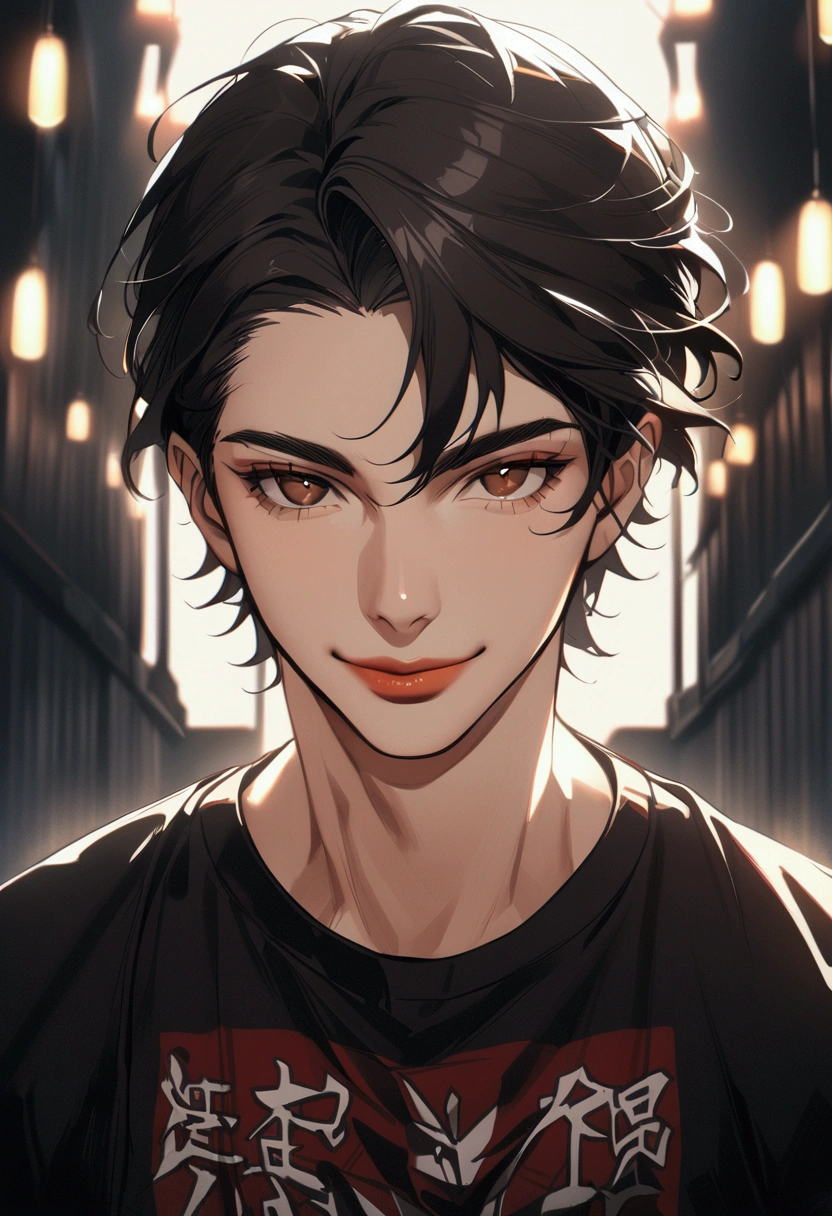 1man, solo, short hair, 1, black hair, clothes writing, brown eyes, smile, looking at viewer, lips, upper body, closed mouth, shirt,