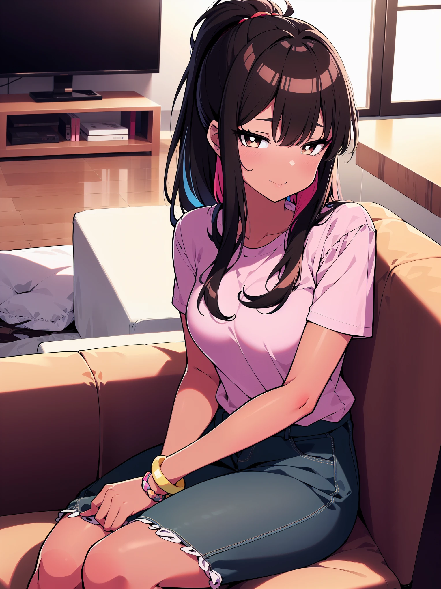 (cowboy shot), (colorful), (ultra-high resolution, depth of field:1.2), 1woman, (tan skin:1.4), brown eyes, (long straight black hair), ponytail, bangs, medium breasts, casual shirt, casual clothes, light blue, pink, multicolor bracelets, gentle smile, (living room scenery), sitting on a couch