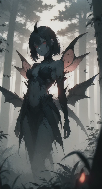 Foggy Forest, ancient female creature, demonic silhouette, fairy shadow figure, red eyes, eyes in the fog, rotting, looking dead, torn wings,