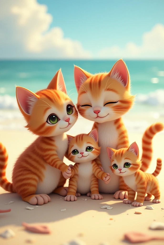 Father cat and mother cat are playing on the beach with their kittens.. The cute and adorable