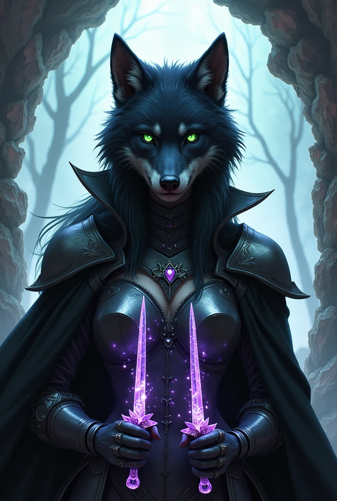  dark female werewolf with green eyes wearing a ceremonial black cape and smooth, simple, shiny angelic silver armor. She holds two more addagas made of purple crystal. She stands in front of a dimensional portal made of raw rainbow-colored crystals. 