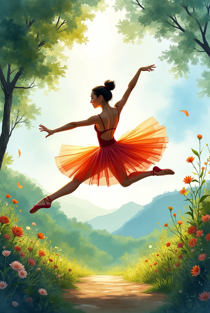 An image for a painting of a ballet dancer jumping outdoors in a colorful watercolor style 