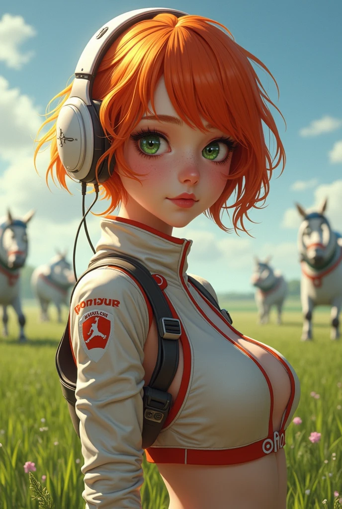 Gwen Tennyson,1 Girl,Tracer,Elsa,Rebecca Chambers,Overwatch,Gundam,close up, Mech pilot,horse racing field,White and red plug set,Hairpin,Transparent Thong,short hair,Cute makeup,Green Eyes,Orange Hair,There are highlights,Shy laugh,freckle, Red hair,beautiful girl,Large Breasts,Extremely detailed,Practical,Fantasy Art,Gaming Headsets,Racing,