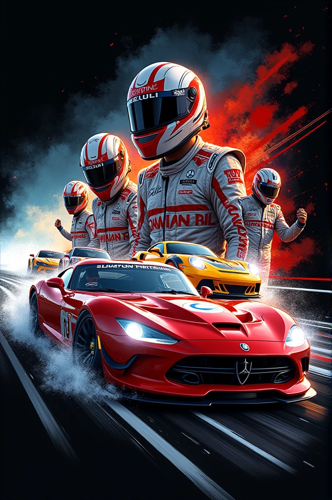 clearing! Here is the adjusted command:
"Create a high-resolution illustration in format 3:2 for an automotive shop mural. The image must feature a vibrant and dynamic scene featuring motorsport characters, including drivers in racing suits and sports cars in action. The background should be predominantly black, highlighting the action and details of the characters and vehicles. The style should be detailed and energetic, capturing the thrill and speed of motorsport."