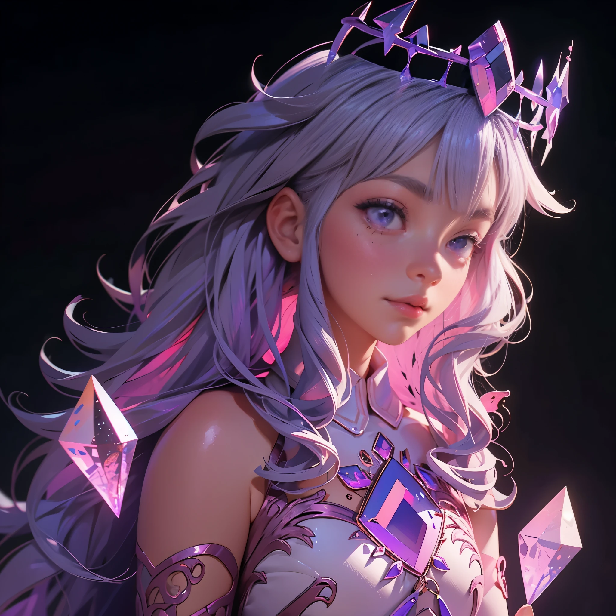 envision a 8k, highres, cinematic, close up beautiful portrait of a short adult girl named Koseki Bijou with long pinkish gray hair, a jeweled crown, purple eyes, wearing a white dress with magic attachments and bright colorful crystal armor plates against a dark background