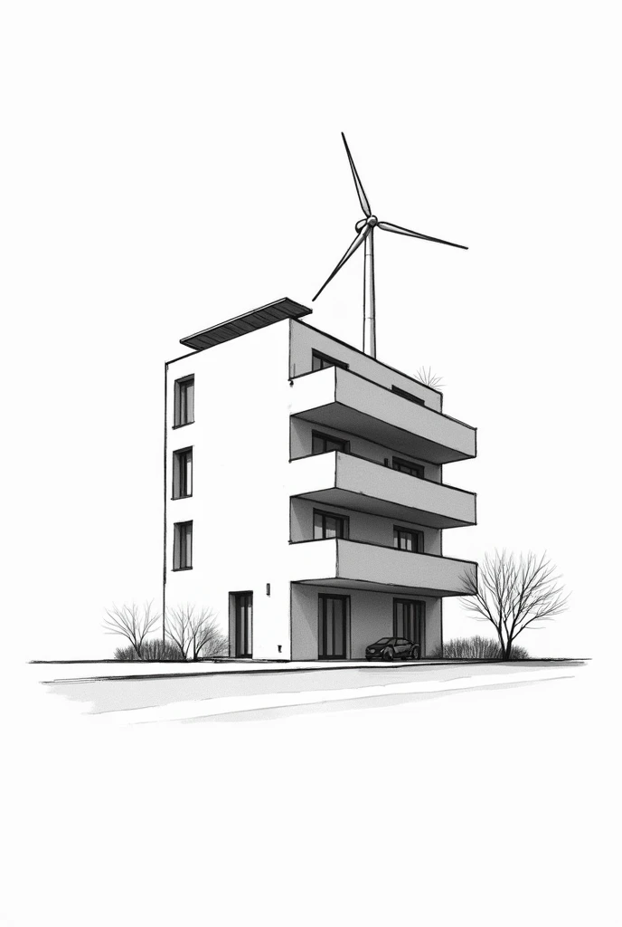 sketch a simple design of apartment house with many doors and with solar panel and windmill black and white lines