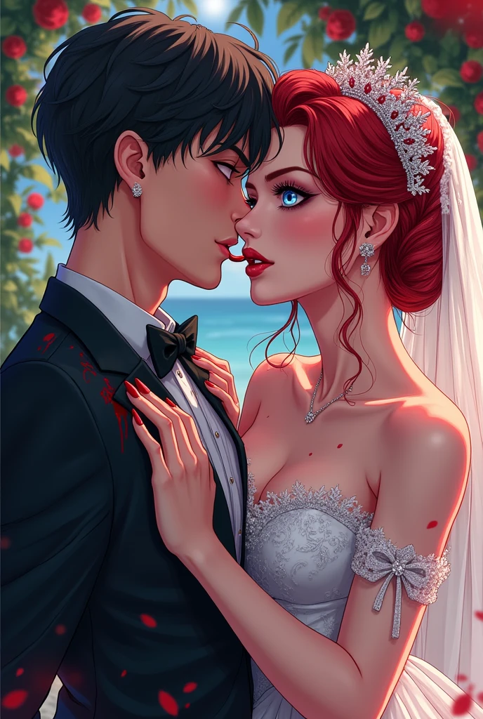 a anime comic picture of a ((vampire bride: 1.5)),  biting her groom, a female vampire bride, vampire female in a white leather wedding dress, goth wedding dress, with bloody gown ), best detailed face,  blood on face, ultra feminine, pale skin, red haired, long hair, wedding hair cut style, blue eyes, (blue glowing eyes: 1.3), wearing (white leather wedding dress: 1.4) bloody gown, (wearing white high heels: 1.4), in the honeymoon suite, biting the the groom, bloody face, BREAK a beautiful human man, ultra detailed face (best details, Masterpiece, best quality: 1.4), wearing a wedding tuxedo, honeymoon suite background, vibrant, Ultra-high resolution, High Contrast, (masterpiece:1.5), highest quality, Best aesthetics), best details, best quality, highres, 16k, [ultra detailed], masterpiece, best quality, (extremely detailed)