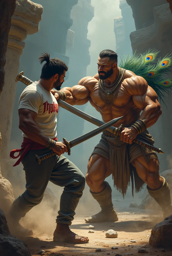 A guy with sword with thakur printed tshirt and another bodybuilder guy with peacock feather and sword