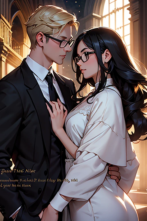 Romance book cover, with the name Flow of time Silhouette of a young adult couple Tall blond boy, wears glasses girl has long black hair and she wears glasses Background with universe depicting time