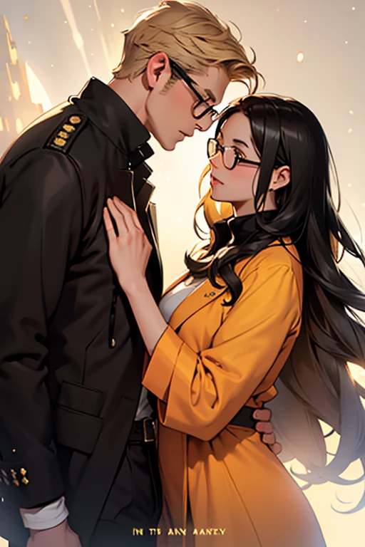 Romance book cover, with the name Flow of time Silhouette of a young adult couple Tall blond boy, wears glasses girl has long black hair and she wears glasses Background with universe depicting time
