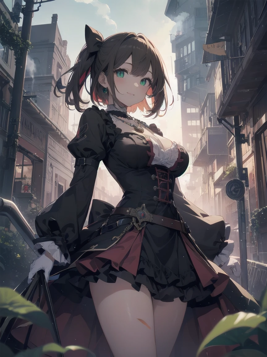 (Masterpiece:1.2), (Top quality: 1.2), Super high resolution, Very detailed,.
BREAK.
, ((Anime girl standing with happiness in her hands)), Crazy girl, (1,Lolita,Boyish, , : 1.3), Light smile, , Girl looking like a boy, Bob-cut hair, Shaggy hair, Very large breasts, nubile, slender body, overflowing with soft fat mass. Small hips, Vertically large eyes, Fine and beautiful eyes, Well-proportioned irises and pupils, Expressive eyes, Beautifully detailed lips, High resolution detailed hair, Perfect eyes, Perfect face, Super dense skin, Full fingers, Perfect lighting,.
BREAK,.
((light green necklace)), ((black and red fine dress: 1.3)), light green tie, shining sapphire, lady, wearing white gloves,.
BREAK.
, (Steampunk), Castle balcony, Skyscraper, Night view, Equipment, Ancient ruins, Tradition, Overwhelming, Magnificent, Steam, Pipes, (Steam spewing out from pipes:1.2), Fantasy, Victorian other world, Early 19th century, Road, trees, clouds, night sky, shading, effects, detail. Masterpiece background,
BREAK.
((Positive: 1.3)),.
BREAK.
, digital animated art, cartoon-style illustrations, cartoon illustrations