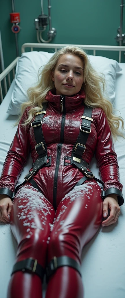 (highly detailed) Hot young tennage girl is wearing dark matte cherry winter latex suit with black elements suit is covered in snow that reflect the light of the sun she has blond wavy hair freckles and her ass is bigger her brest is big HD real photo 8K she is fit her waist is slim she is looking very young her brest is very big  she curves her ass on her waist is belt she is covered in snow her hair is covered in snow winter she also wears tight dark cherry climbing harness around her ass she is wearin boots witu fur her face is looking very young and thin snow is lying on every part of her suit Snow is on her ass and brest she is looking young and happy she wears pilot oxygen mask that  lookes  like conected to pipe on her nose and mouth she is lying on a hospital bed she is in hospital building her arms are tide to a hospital bed she is straped  by leather straps to hospital bed her eyes are closed she is wearing latex socks 