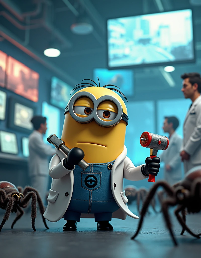 Minion Kevin in scientist suit fighting spiders in the lab, use tools such as screwdrivers, hammer, and fire extinguishers to fight them. Spiders surround Kevin, while he attempts to protect important scientific equipment.A modern laboratory with bright lights, nhiều màn hình hiển thị hình ảnh trực tiếp từ một thành phố đang bị tấn công bởi nhện khổng lồ. There are scientists fighting