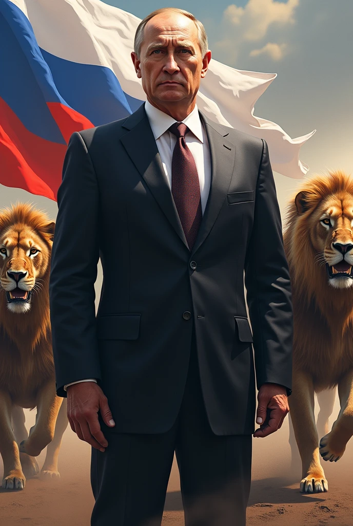 Russian präsident in suit with a lions and horses and russian flag Background 