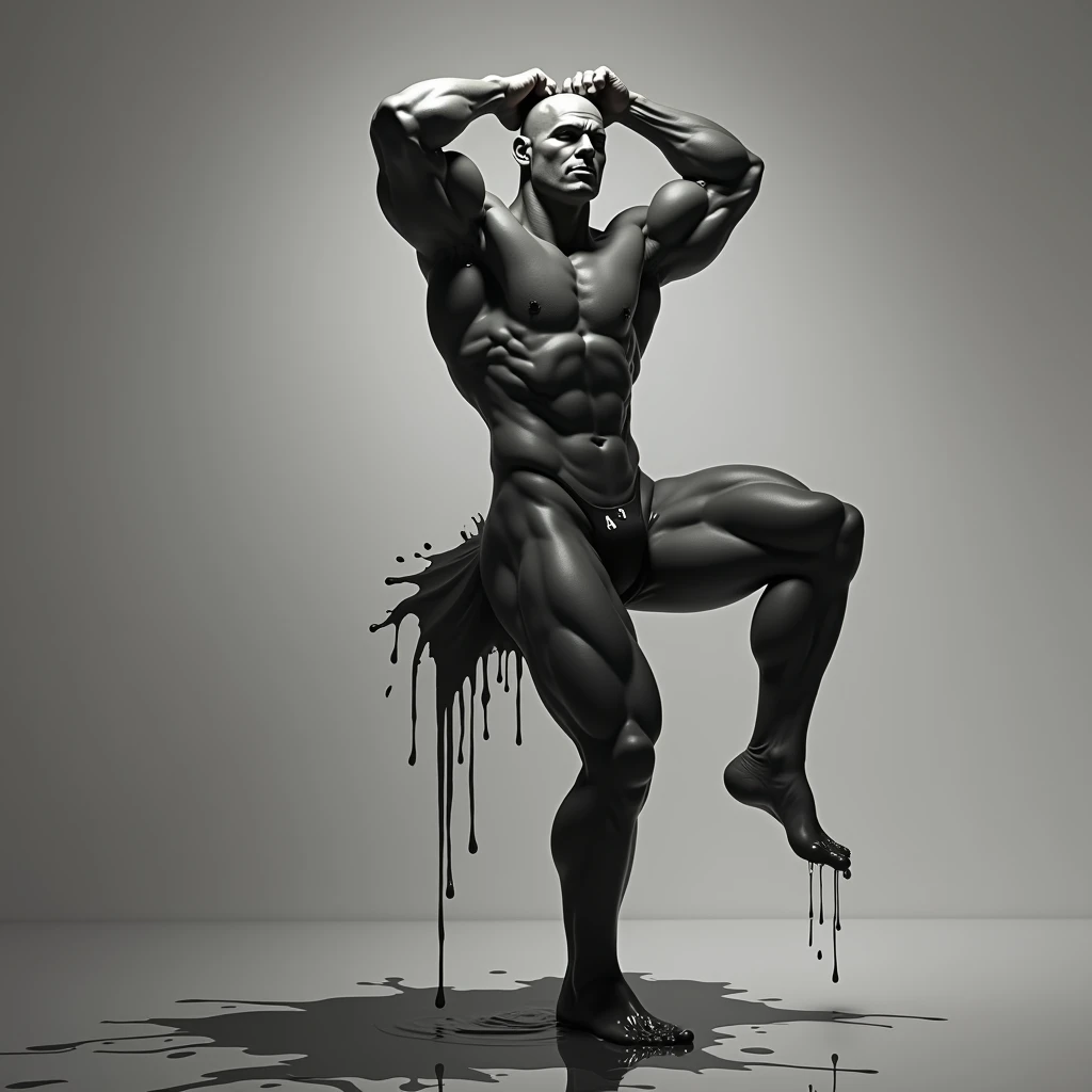 bs, solo, full body, simple background, monochrome, greyscale, bodysuit, thick black liquid falling all over his body, black background, 1other, bodybuilder with shaved head, very tall, arms on head, UHD, retina, masterpiece, accurate, anatomically correct, textured skin, high details, super detail, high quality, award winning, highres, best quality, 4K