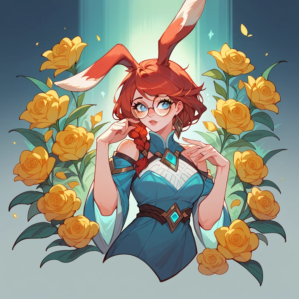 score_9, score_8_up, score_7_up, aurora (league of legends), 1girl, blue eyes, bunny ears, freckles, bangs, braid, sexy, full body, round glasses, earrings, red hair, long eyelashes, long low cut dress, yellow flowers in hair