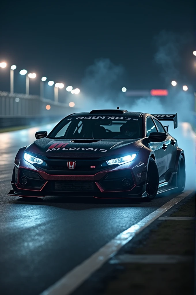 A Honda civic with race kit drifting in night at race track