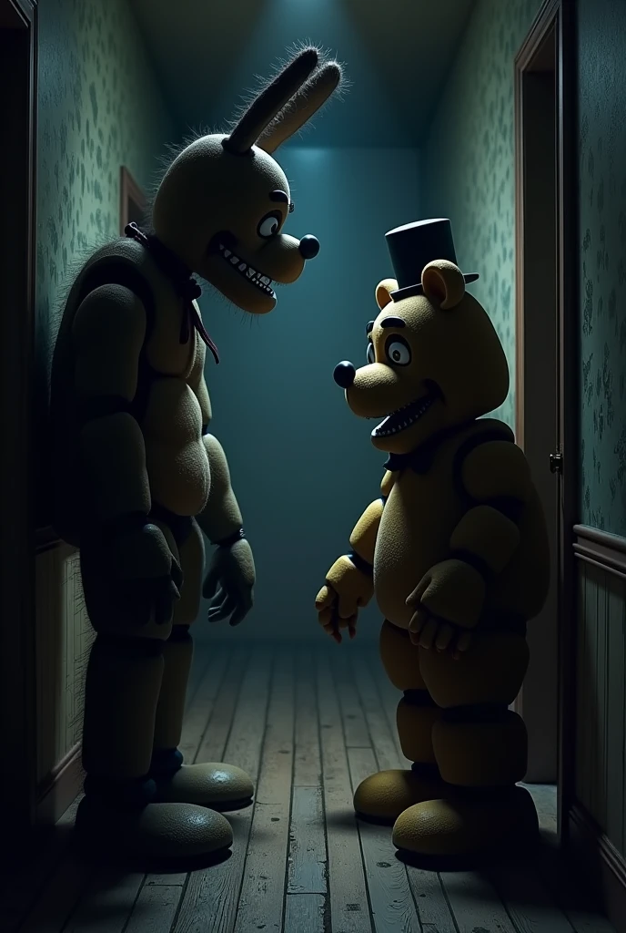 Huggy wuggy staring at fnaf frady in a dark hallway