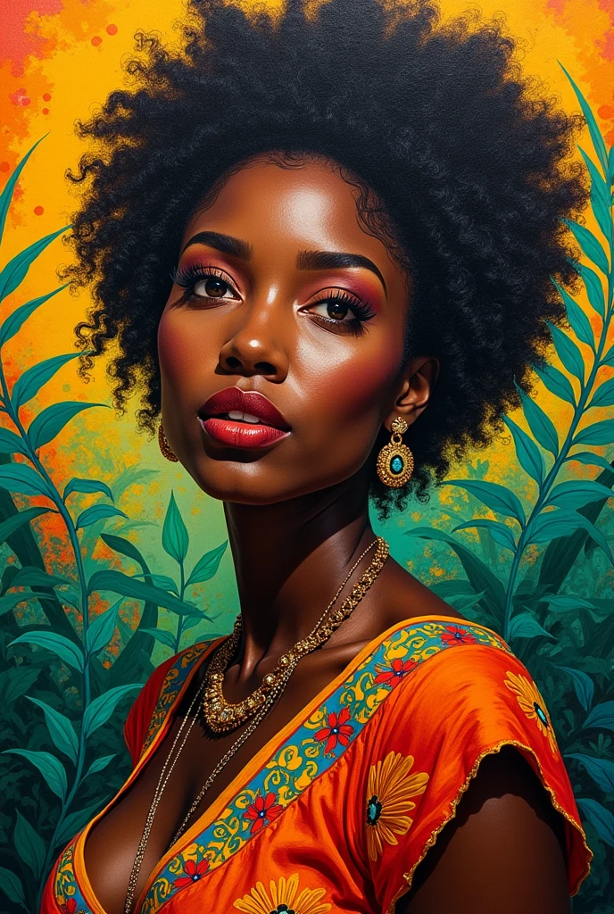 Beautiful black woman colourful painting using the jamaican colours