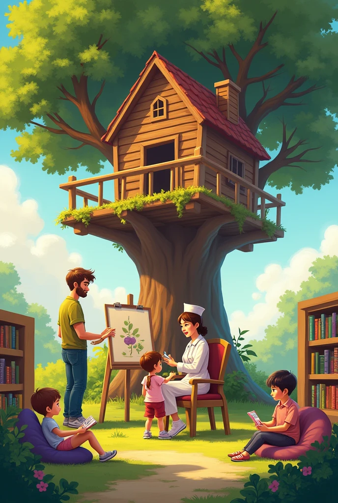 A vibrant outdoor scene features a father standing next to a large treehouse he has just built. Nearby, an artist is sitting at an easel, drawing a picture for a  who is watching closely. In another part of the scene, a nurse is gently giving medicine to a patient who is sitting in a chair. In the background, a librarian is offering books to a group of children who are sitting in a cozy reading corner filled with cushions and bookshelves. The setting is warm and sunny, with lush greenery and a peaceful atmosphere.