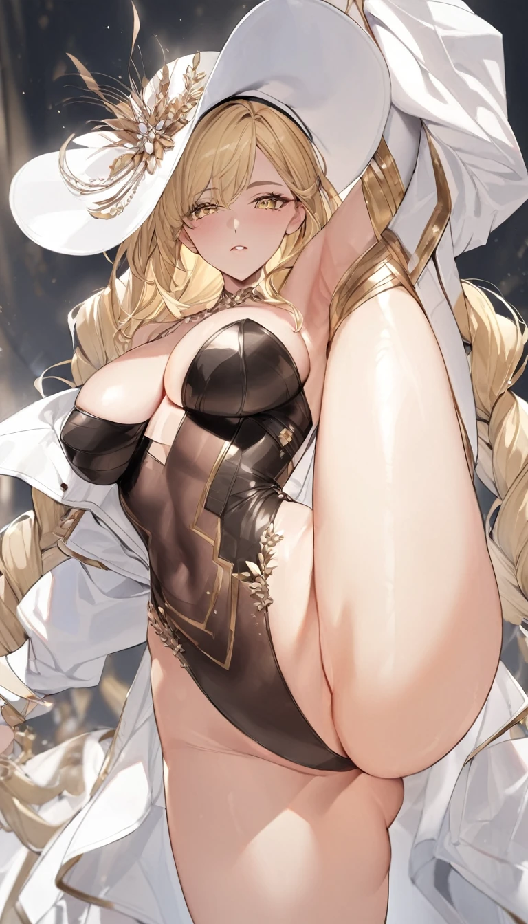 Create a full-body image of a female cowboy in a striking outfit. She is wearing a white cowboy jacket, open and flowing, over a tight, black, shiny leotard that hugs her curves. The jacket should have subtle gold detailing to enhance the elegance of the outfit. The cowboy is also wearing a wide-brimmed white hat, adorned with a golden band or embellishments. She has long, blonde hair styled in soft waves or braids that cascade down her back. Her skin is fair, and her physique is prominently displayed with large thighs and a full bust. The view should be slightly downward, capturing her entire body, and the composition should emphasize the contrast between the white jacket and the black leotard, as well as the gold details. The overall look should convey a bold and confident presence, combining classic cowboy elements with a modern, glamorous twist.