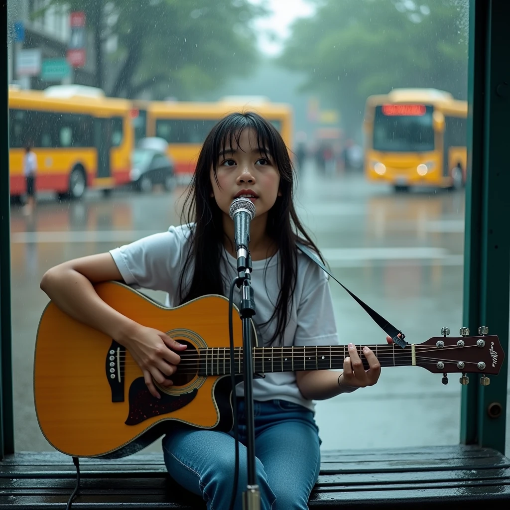 Candid, outdoor photograph featuring a young asian girl 1 , singing with microphone and playing guitar sitting on a bench at a bus stop in the rain. The background in Jakarta, soedirman street. Shot on Leica M3 135mm f1.8 len, Inspired by Li Di. The layout is centered, with the subject occupying the middle of the frame. She has long, wet hair, a fair complexion, wearing a white t-shirt and jeans pants. The background shows a blurred view of buses and a rainy street, with water droplets visible on the bench and ground. The overall mood is somber and reflective, enhanced by the overcast weather and wet environment.