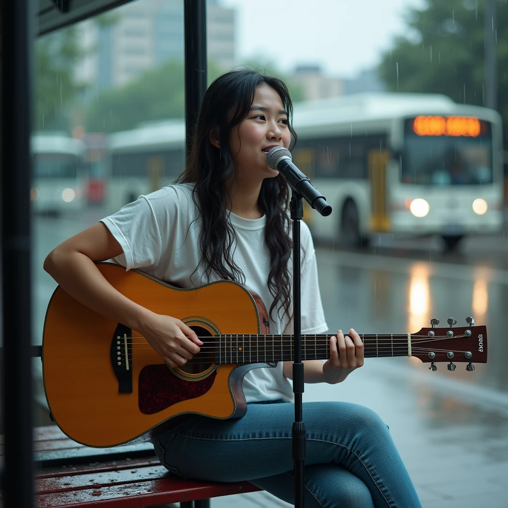 Candid, outdoor photograph featuring a young asian girl 1 , singing with microphone and playing guitar sitting on a bench at a bus stop in the rain. The background in Jakarta, soedirman street. Shot on Leica M3 135mm f1.8 len, Inspired by Li Di. The layout is centered, with the subject occupying the middle of the frame. She has long, wet hair, a fair complexion, wearing a white t-shirt and jeans pants. The background shows a blurred view of buses and a rainy street, with water droplets visible on the bench and ground. The overall mood is somber and reflective, enhanced by the overcast weather and wet environment.