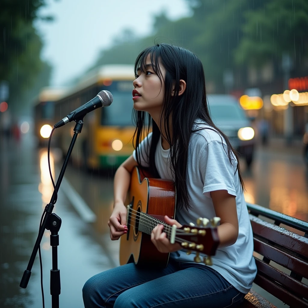Candid, outdoor photograph featuring a young asian girl 1 , singing with microphone and playing guitar sitting on a bench at a bus stop in the rain. The background in Jakarta, soedirman street. Shot on Leica M3 135mm f1.8 len, Inspired by Li Di. The layout is centered, with the subject occupying the middle of the frame. She has long, wet hair, a fair complexion, wearing a white t-shirt and jeans pants. The background shows a blurred view of buses and a rainy street, with water droplets visible on the bench and ground. The overall mood is somber and reflective, enhanced by the overcast weather and wet environment.