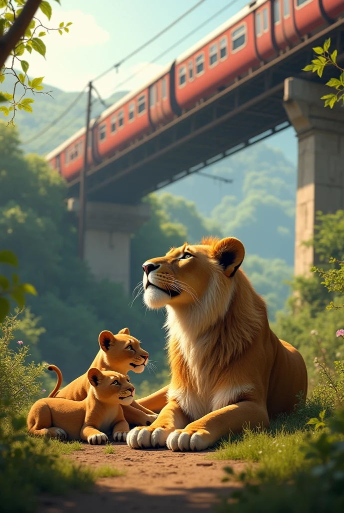 (Asiatic lion, lioness and two lion cub seating under the railway bridge and at that time train passes and lion family watch the train) nestled in the picturesque Girnar mountains, vibrant green foliage surrounding them, (joyful atmosphere), gentle sunlight illuminating the scene with a warm glow, intricate details of Lion's attire, playful expressions, beautifully dramatic backdrop, lush hills and scenic beauty, (highly detailed), (4K resolution).