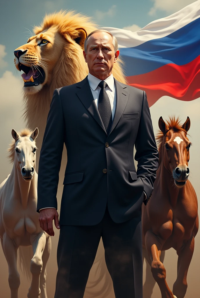 Russian präsident in suit with a lions and horses and russian flag Background