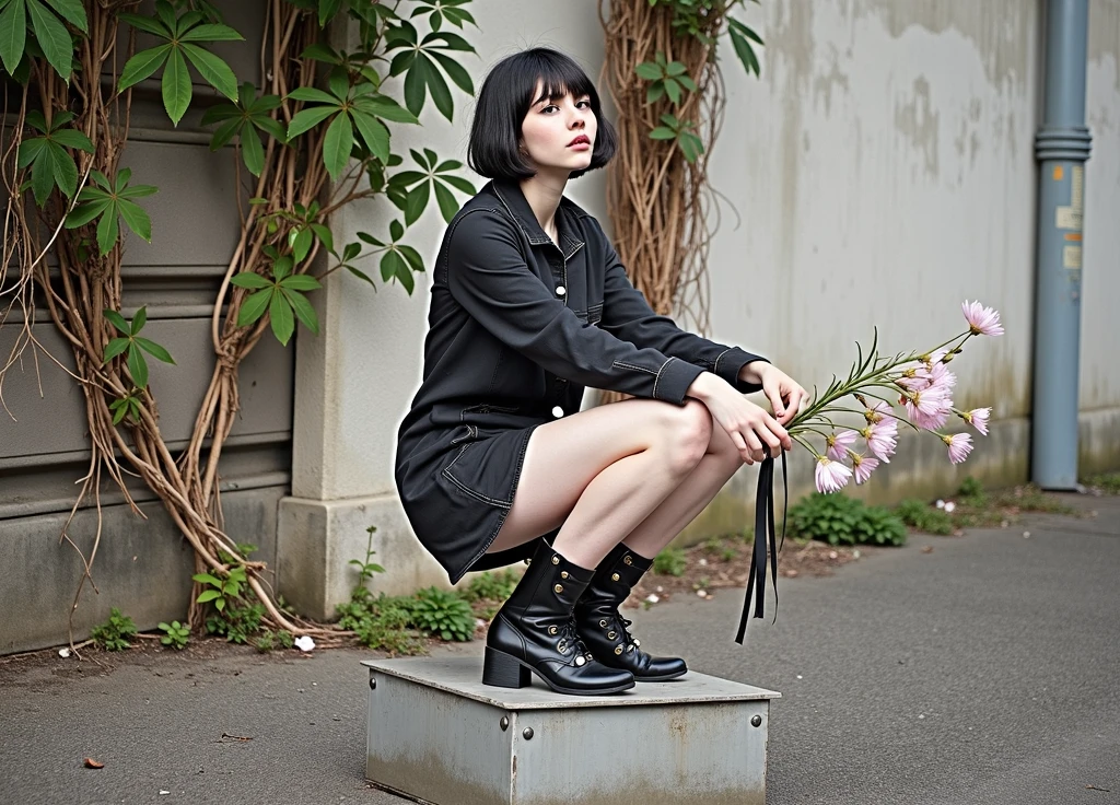 ((RAW photo, best quality, masterpiece, photorealistic)), Polish girl, 20 years old, black hair, Light grey eyes, short bob cut, hair in 7 thirds, hair over one ear, Symmetrical eyes, pale skin, Big Breasts, rip gloss,
