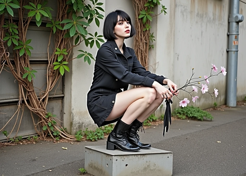 ((RAW photo, best quality, masterpiece, photorealistic)), Polish girl, 20 years old, black hair, Light grey eyes, short bob cut, hair in 7 thirds, hair over one ear, Symmetrical eyes, pale skin, Big Breasts, rip gloss,