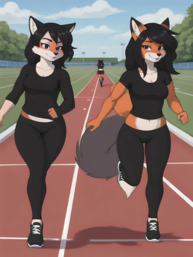 Furry, fox, female, black shirt, black leggings, shoes, running track, friends, full body