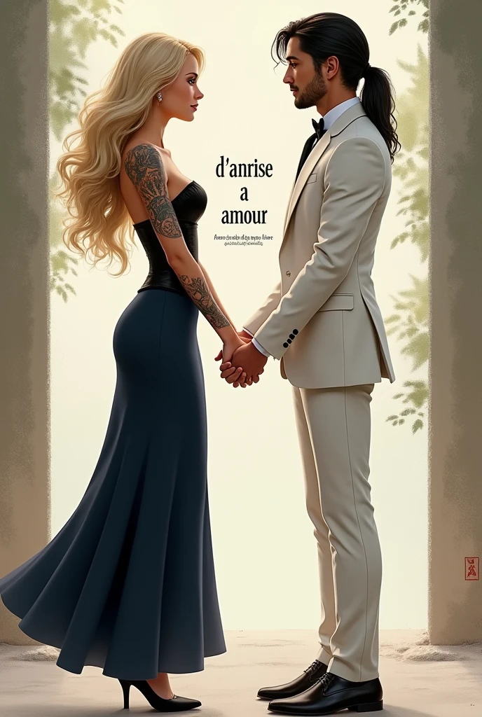 je veux que tu me représente deux personnages une de sexe féminin et l'autre de sex masculin qui se tiennent la main en prenant une direction opposée il doivent être de dos la fille a les cheveux blonds avec les racines légèrement noir elle et de couleur de peau légèrement bronzée elle porte un pantalon élégant bleue marine qui lui arrive a la cheville avec un corset noir elle a les cheveux en dessous des épaules ondulé elle porte des talons le garçon et un peu plus grand que elle il porte un costard blanc c'est cheveux son long mais lui arrive a la nuque il son noir il porte beaucoup de tatouage entre eux deux je veux que sa soit marqué "D'amitié a amour"