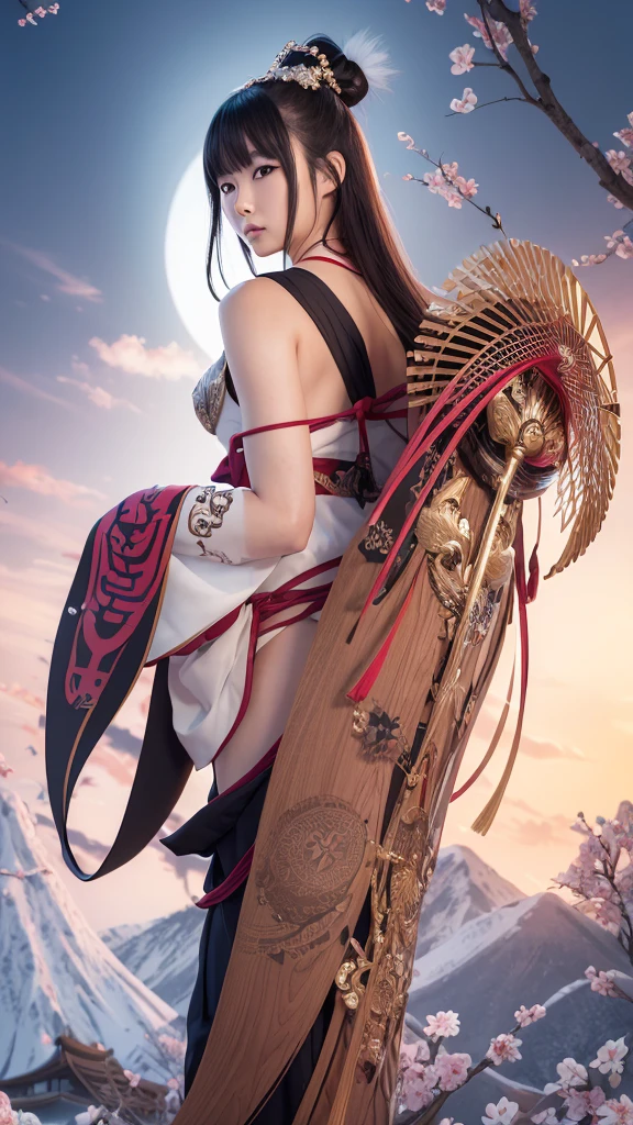 I would like a Japanese woman to create an image of a Japanese god on her back. I want you to pay attention to detail. I'm a professional graphic designer. High quality CG. Full body