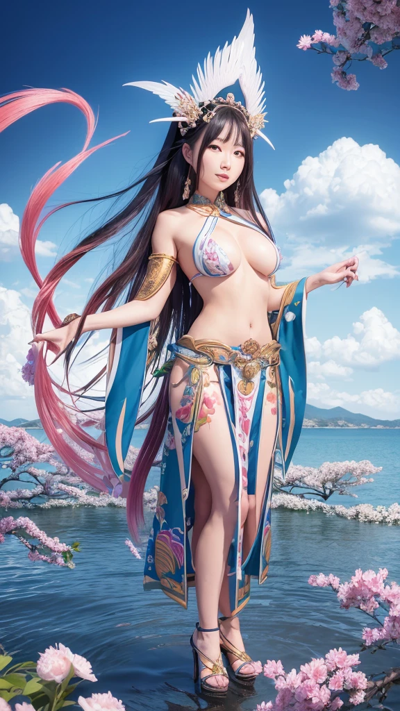 I would like a Japanese woman to create an image of a Japanese god on her back. I want you to pay attention to detail. I'm a professional graphic designer. High quality CG. Full body